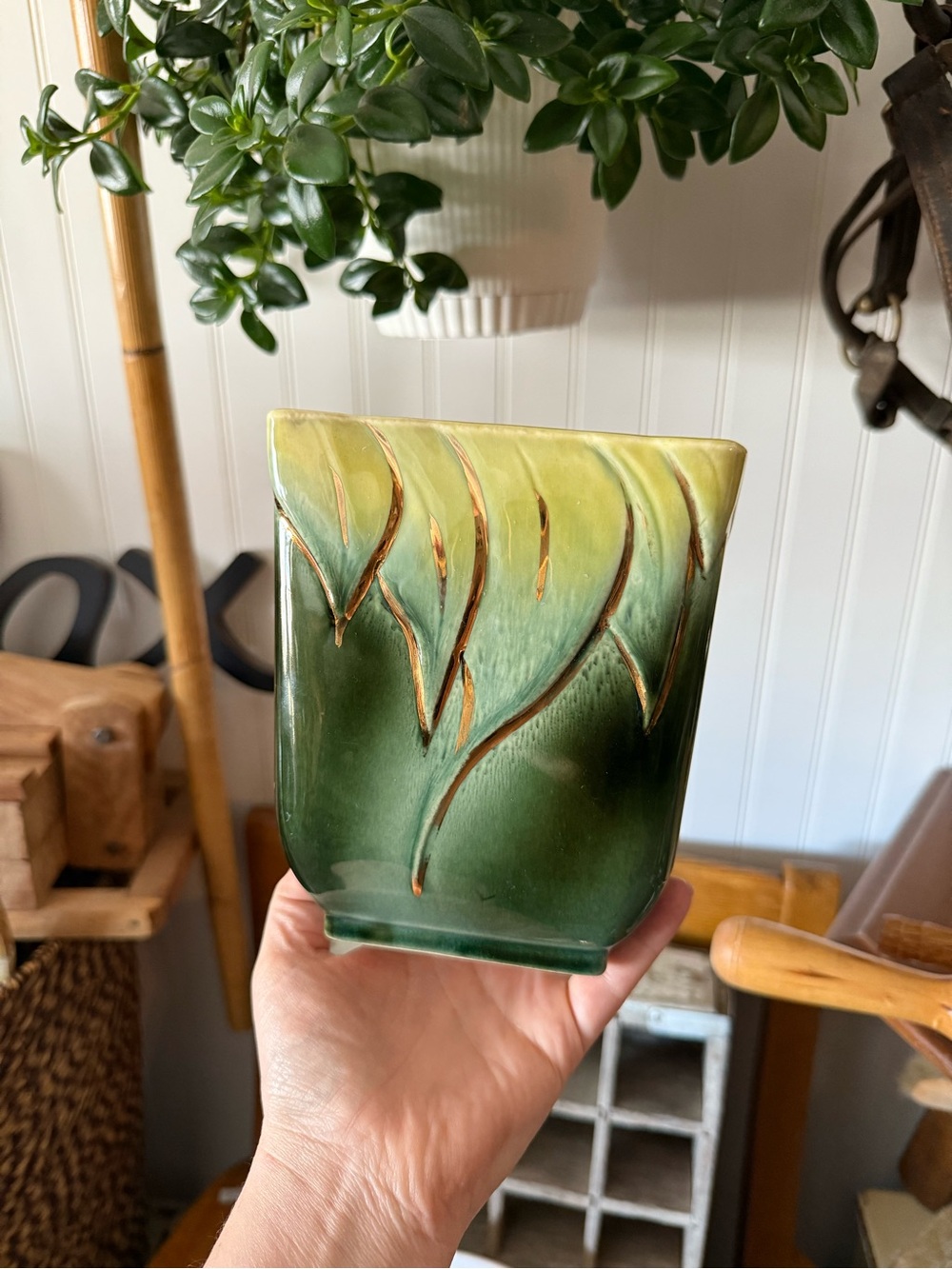 Green Ceramic Leaf Vase by Hall